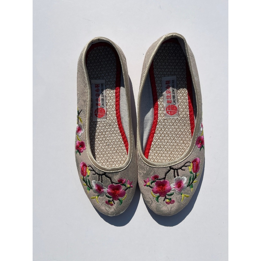 Embroidered Floral Chinese Ballet Flats Champagne Pink Size 39